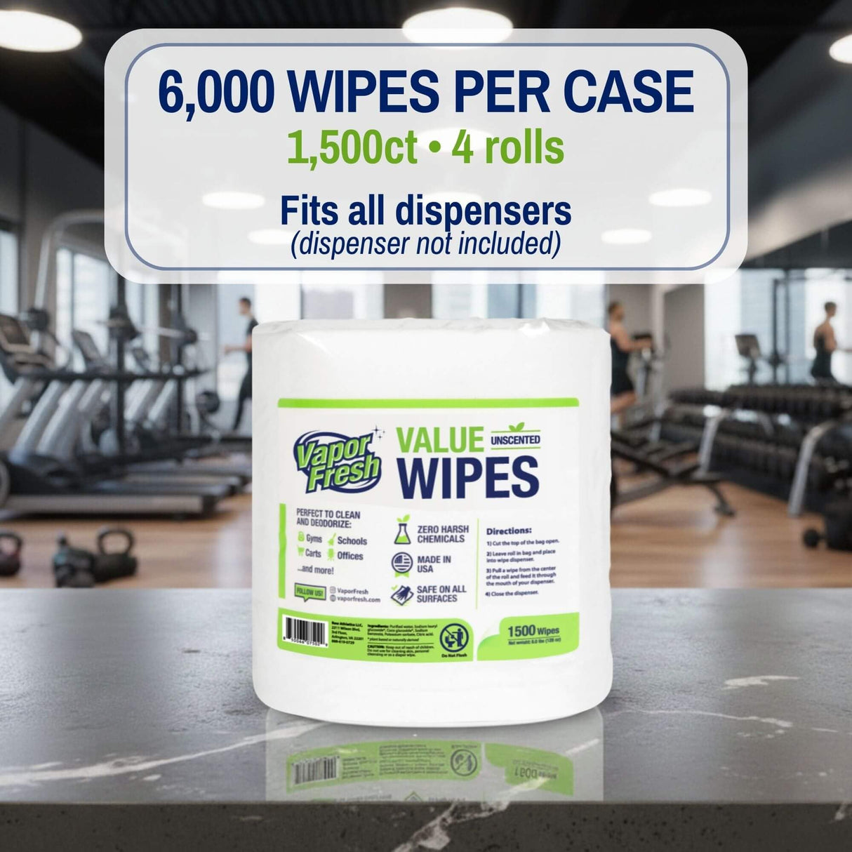 Vapor Fresh Value Wipes - 1,500 Count x 4 Rolls (6,000 Total Wipes) Plant Powered Commercial Grade Cleaner For Gym Equipment, Fitness Studios, Spas, Schools - Bulk Refill Rolls - Unscented