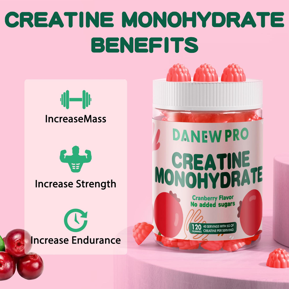 DANEW Pro Creatine Monohydrate Gummies 5000mg for Men & Women, Creatine Monohydrate for Muscle Strength, Muscle Builder, Energy Boost, Pre-Workout Supplement(120 Count)-Cranberry Flavor