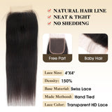 Human Hair Bundles with Closure Straight(22 24 26+20,Free Part) Closure with 3 Bundles Brazilian Virgin Hair 16A Extensions with Pre Plucked with Baby Hair 4X4 HD Lace Closure Natural Black Color