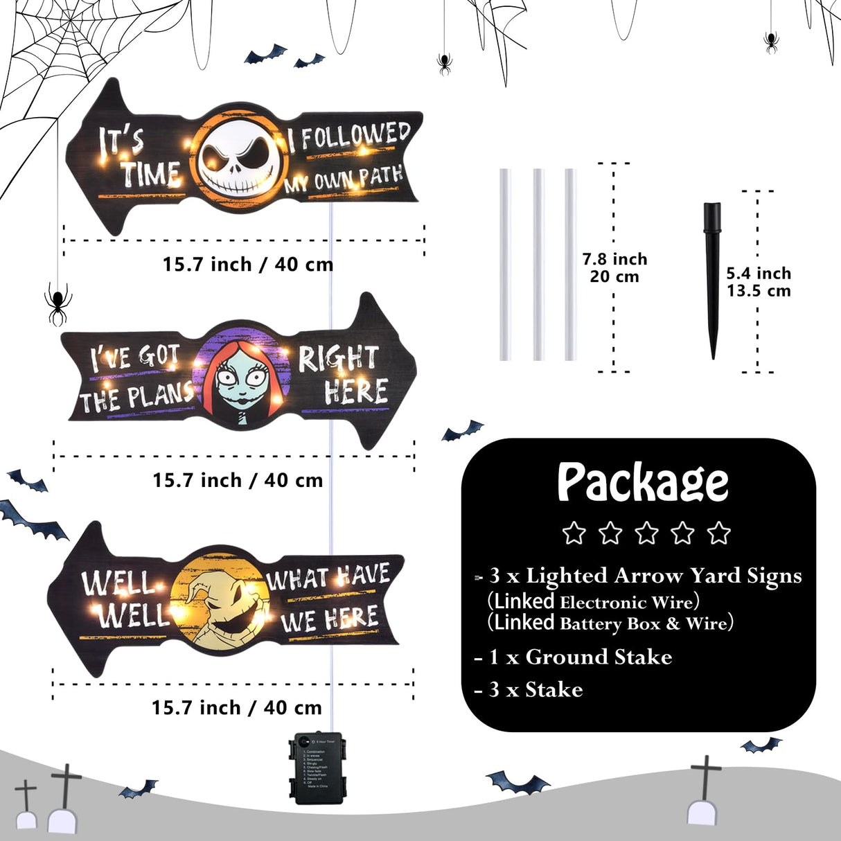 Lighted Jack Sally Yard Signs, Scary Halloween Decor Christmas Nightmare Halloween Decorations Outdoor Before Party Lawn Cute Garden Yard Stakes Outside Arrow Decorations Clearance