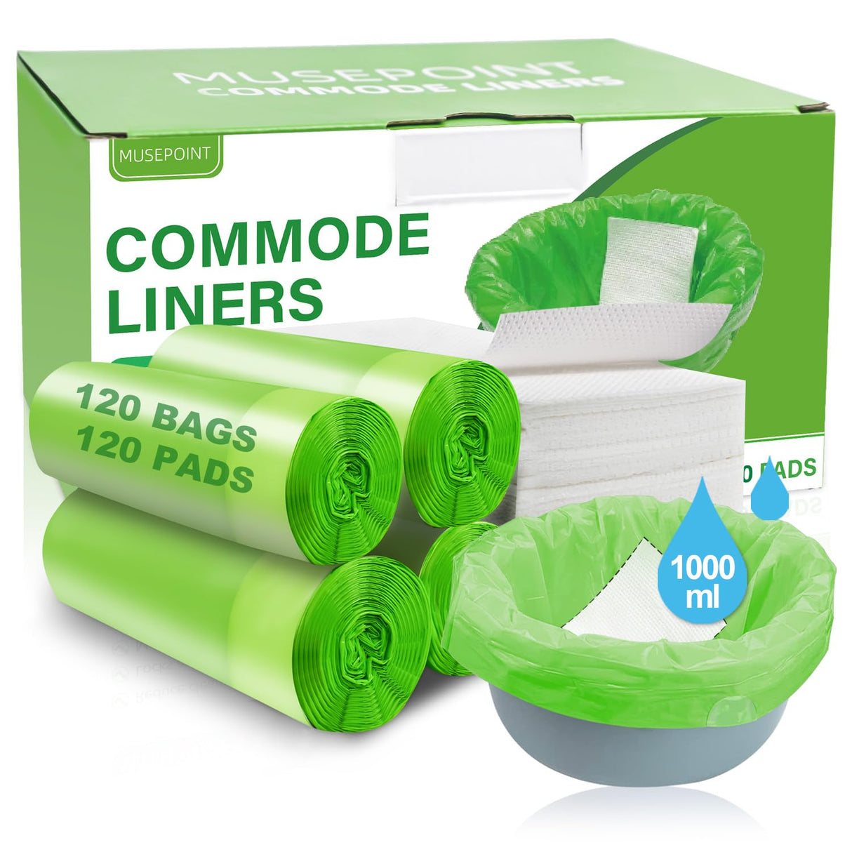 XUEPETT 120 Pack Commode Liners with 120 Super Absorbent Pads, Disposable Leakproof Bags for Bedside Commode, Universal Fit for Standard Toilet Chair Buckets