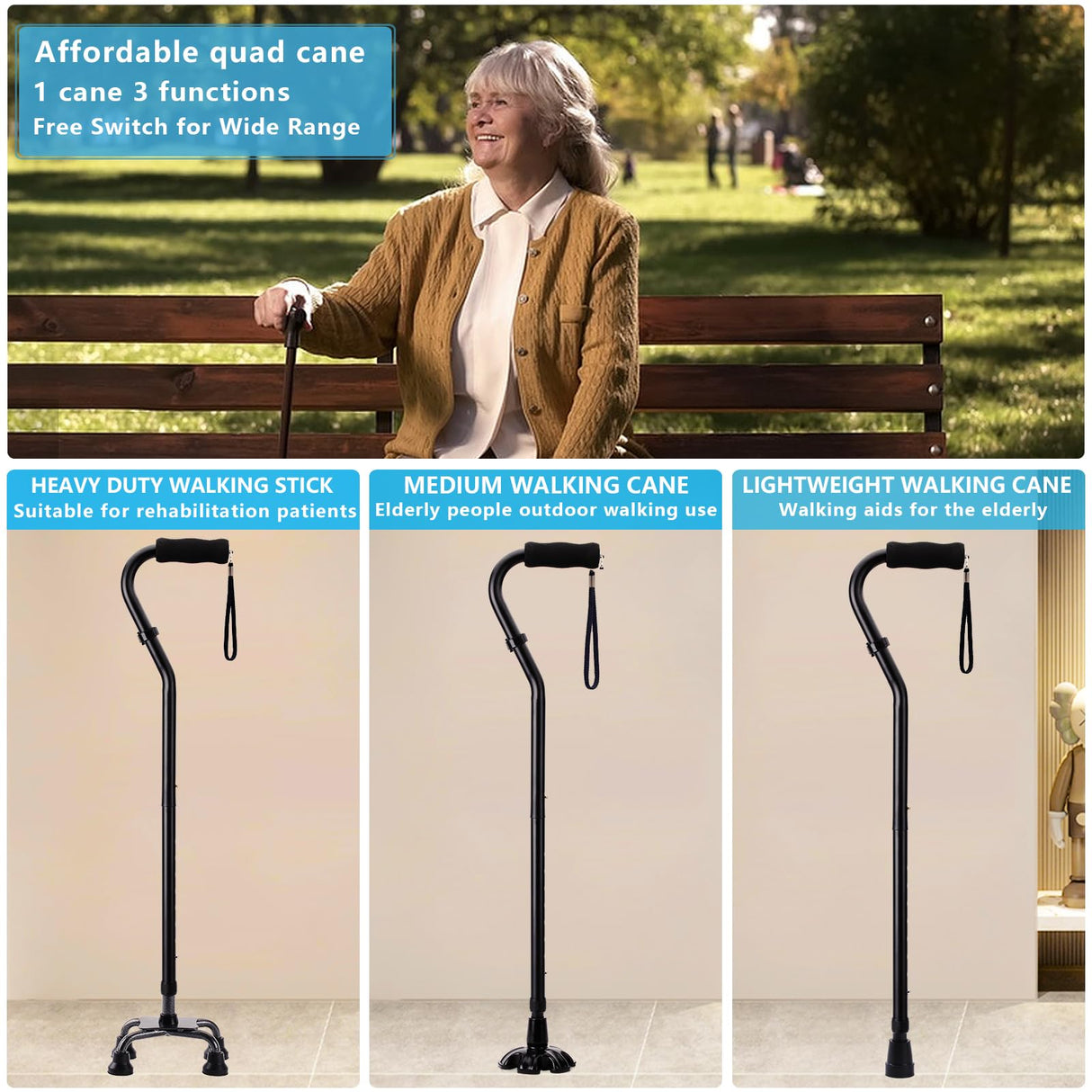 LIXIANG Walking Cane 3 in1 - Adjustable Lightweight Walking Sticks from 29-37 Inches,Balancing Mobility Aid for Men and Women