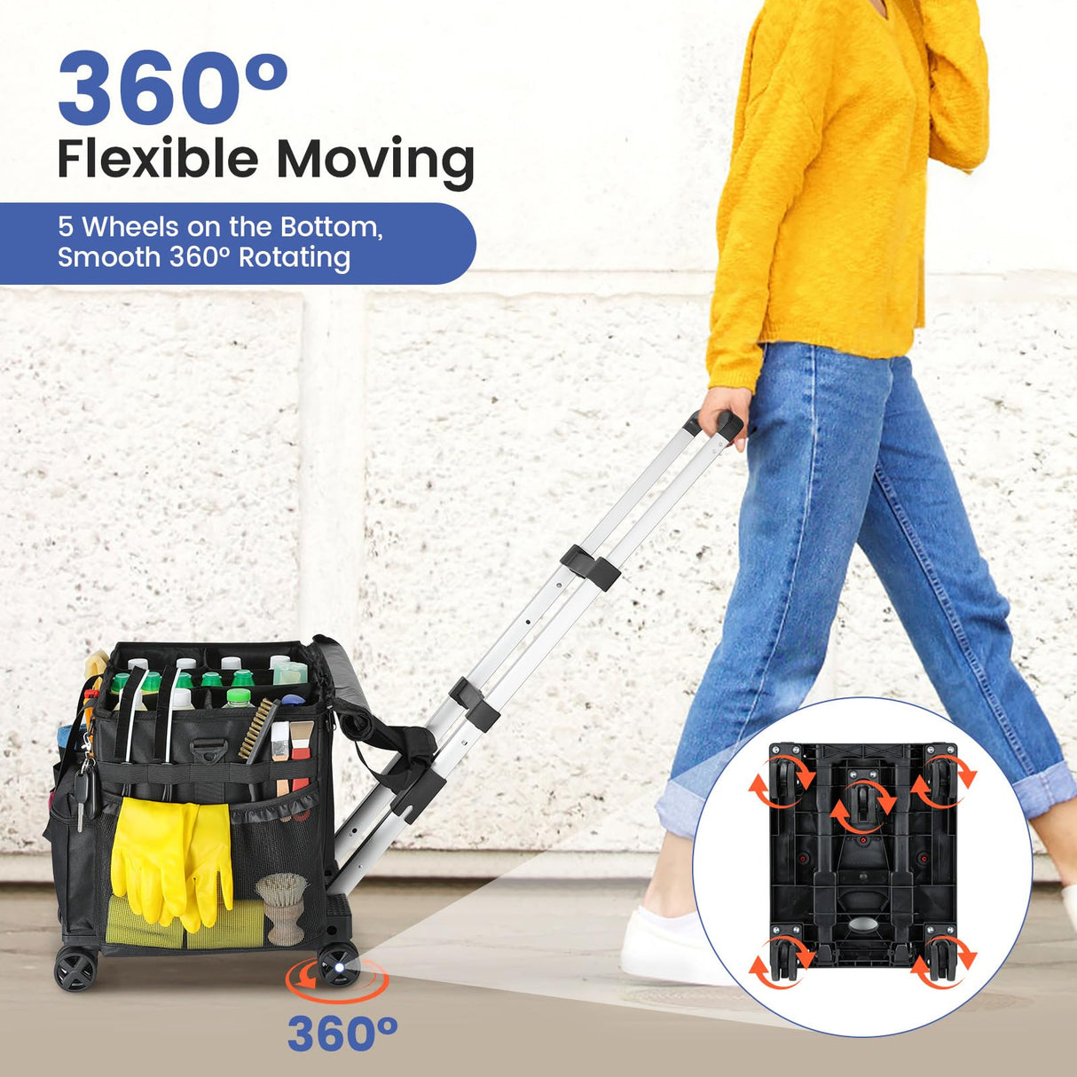 Housolution Extra Large Rolling Cleaning Caddy Bag with Detachable Trolley, Upgraded 360° Free Rotating with 5 Wheels and Dust-Proof Lid, Professional Cleaning Supplies Bag for Housekeepers, Black