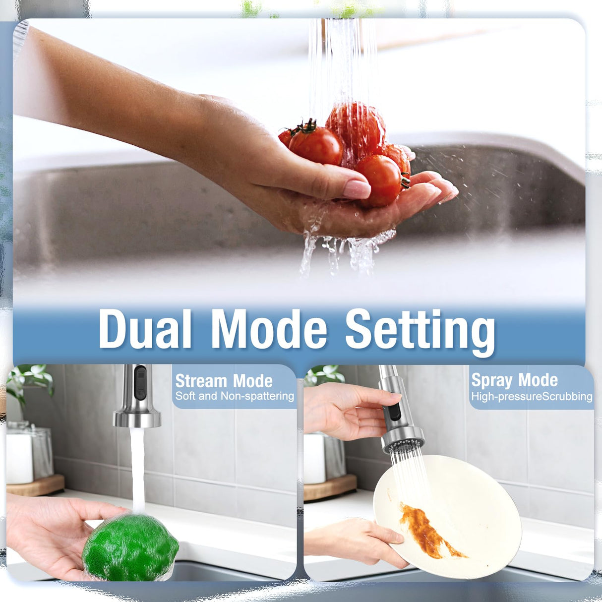DJS Kitchen Faucets with Pull Down Sprayer Brushed Nickel -Single Handle 1 or 3 Holes Spring Kitchen Sink Faucet with Deck Plate for Farmhouse RV Vessel Basin