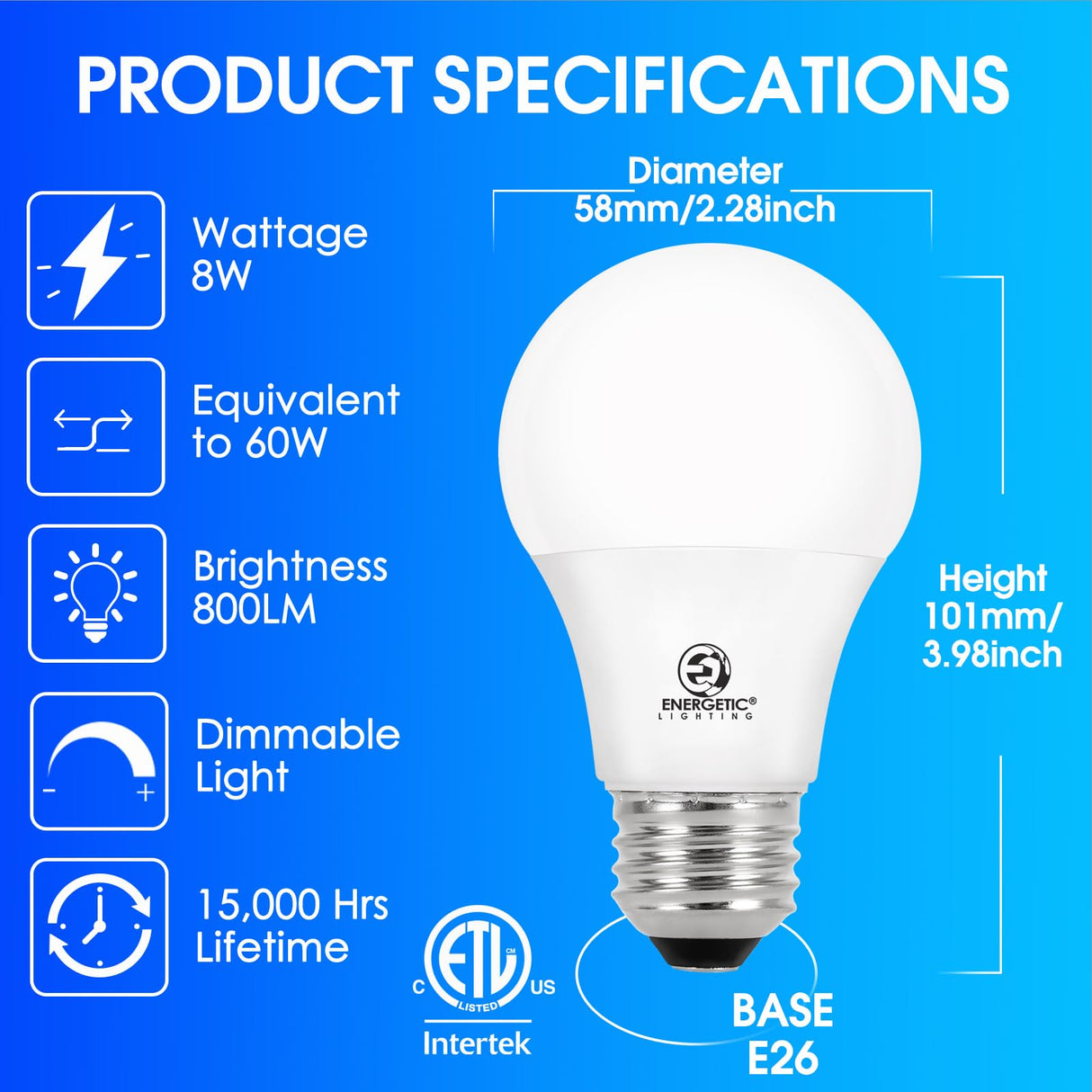 E ENERGETIC LIGHTING Dimmable LED Light Bulbs, 60W Equivalent 5000K Daylight, 8W 800 Lumens, E26 LED Bulb 60 Watt Dimmable, ETL Listed, 12 Packs