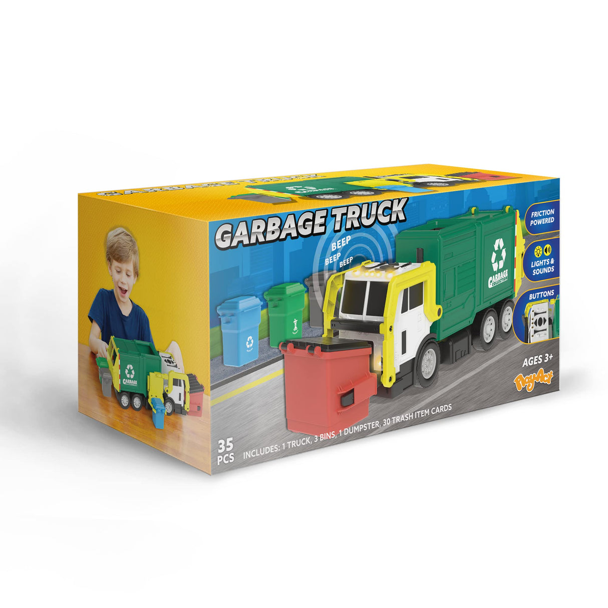 JOYIN Large Friction Powered Garbage Truck Toy Set, Includes Dumpster, Trash Bins, and Learning Cards for Kids, Boy Toys Birthday Gift for Boys Girls Kids Toddler Gift for Christmas