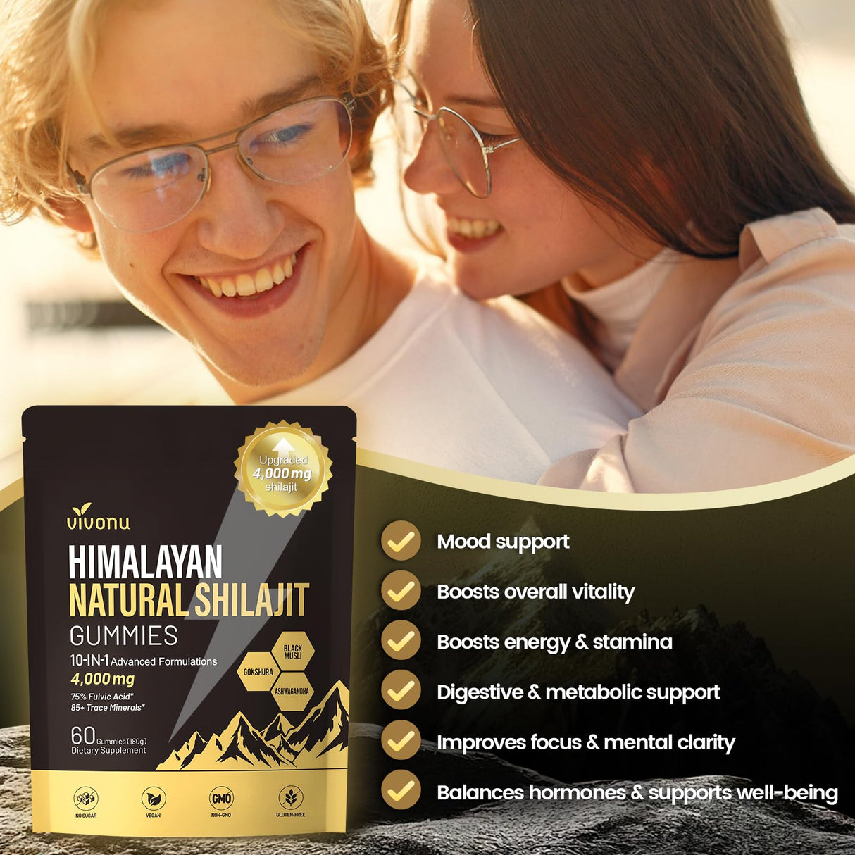 Formula with Pure Himalayan Shilajit, Ashwagandha, and 75% Fulvic Acid | Sugar-Free Vegan, 85+ Trace Minerals