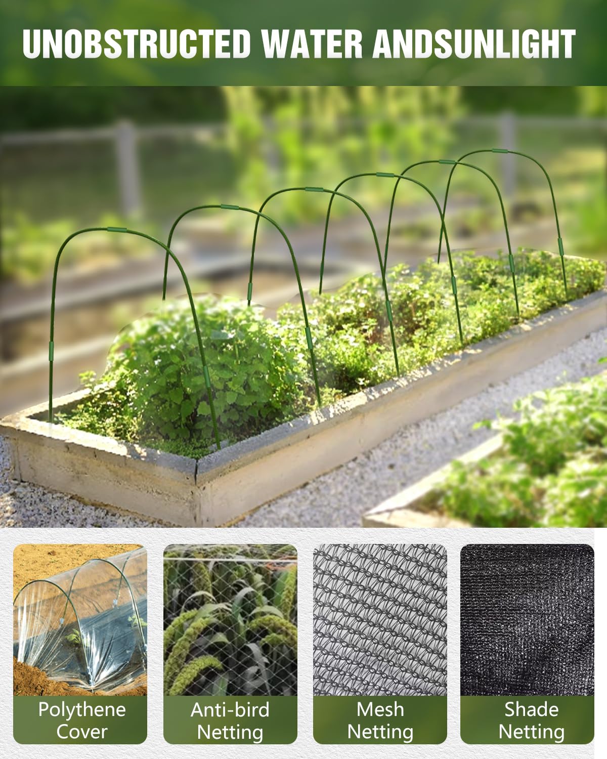 6 Sets Garden Hoops with 10x30 Ft Netting for Raised Beds, 18 Clips