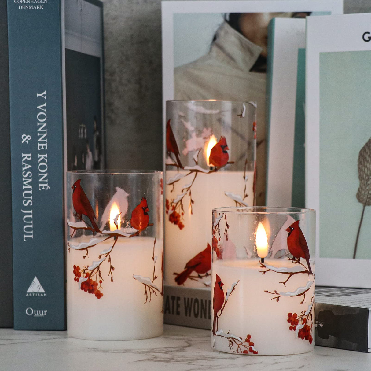 GenSwin Red Bird Glass Flameless Candles with Remote Timers, Battery Operated 3D Wick Led Flickering Light, Real Wax Pillar Candles for Christmas Home Decoration(Pack of 3, 3”x4”5”6”)