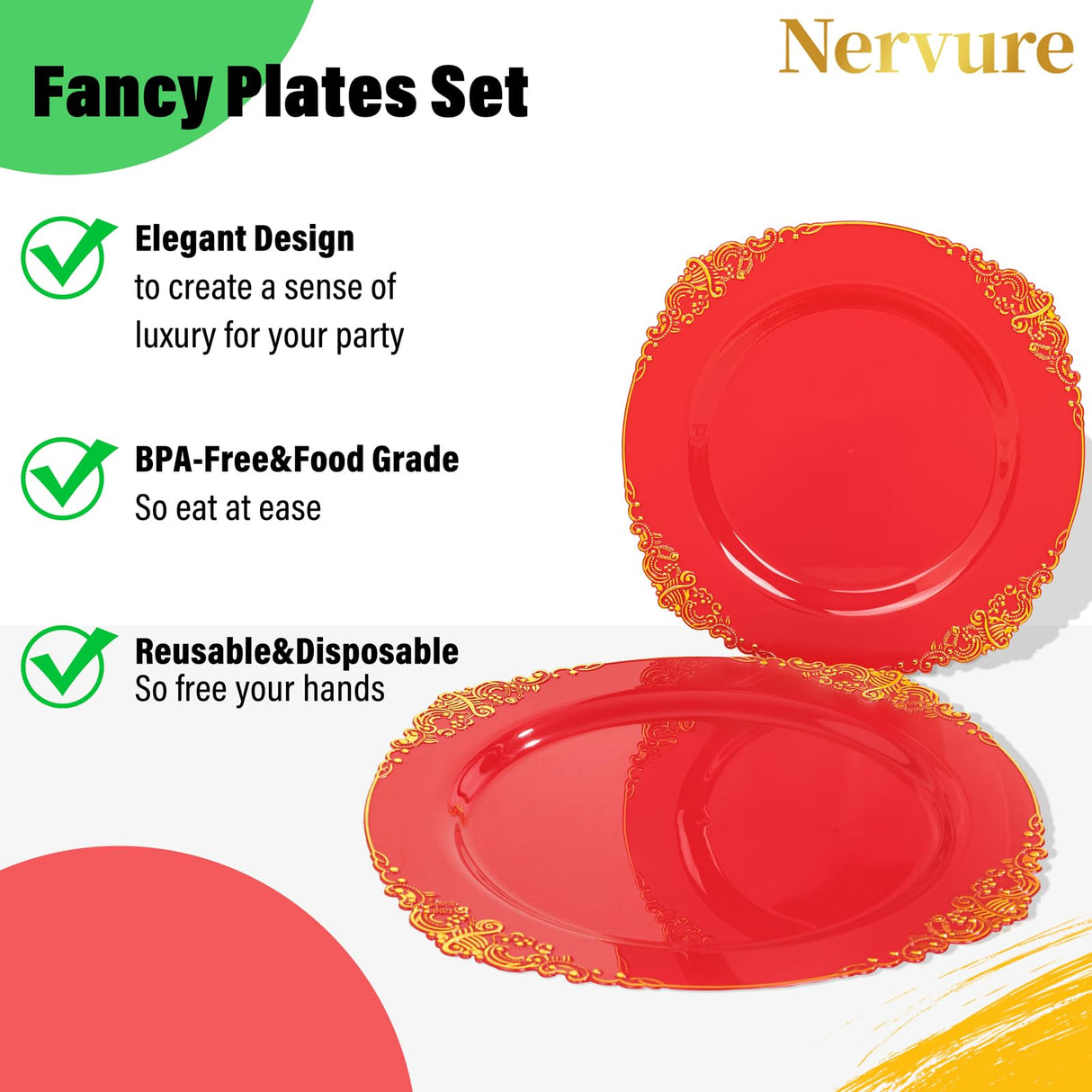 Nervure 350PCS Red Plastic Plates - Red Gold Plastic Dinnerware Sets for 50 Guests - 100 Gold Disposable Plates, 50 Pre Rolled Silverware Sets, 50 Cups Perfect for Wedding & Party & Christmas