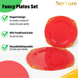 Nervure 350PCS Red Plastic Plates - Red Gold Plastic Dinnerware Sets for 50 Guests - 100 Gold Disposable Plates, 50 Pre Rolled Silverware Sets, 50 Cups Perfect for Wedding & Party & Christmas