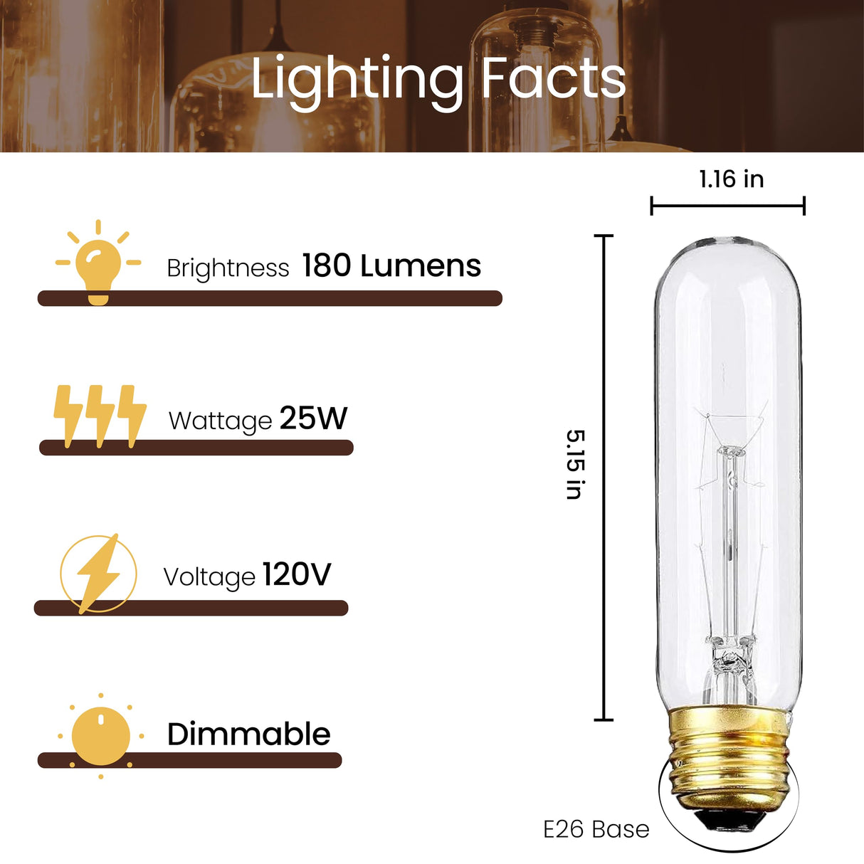 Weyolin Edison Light Bulbs,120V, E26 Base, T10 Tubular Bulbs, 25W Clear Incandescent, Warm White, Dimmable Vintage Tubular Style Showcase Bulb (6-Pack)