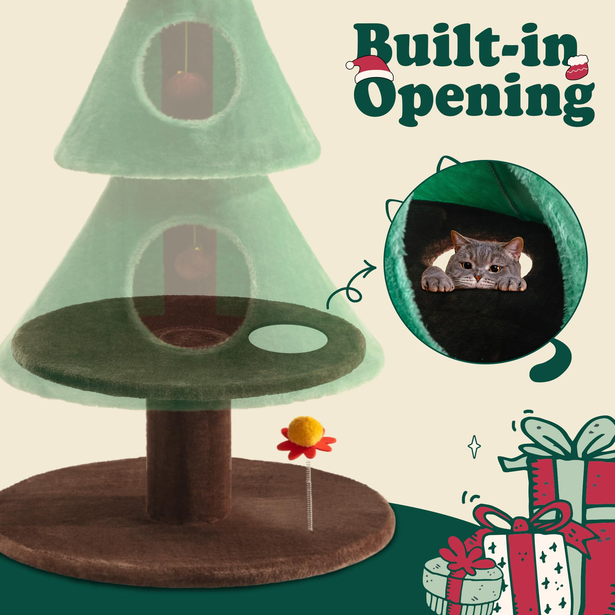 Allewie 63 Inches Cat Tree for Indoor Kitty/Tower with 3 Condos/ 5ft Christmas Tree Party Decoration/Activity Center Play House and Beds/Green