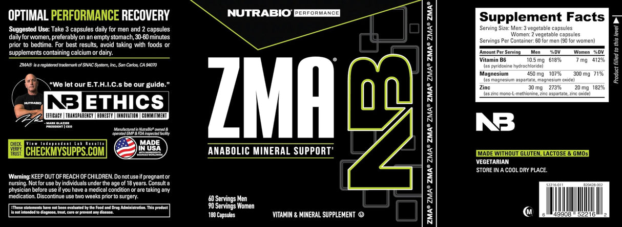 NutraBio ZMA Supplements for Men & Women- Zinc Magnesium Supplements to Support Hormone Levels, Peak Performance, Sleep, Muscle Recovery, Immune Health, 180 Ct.