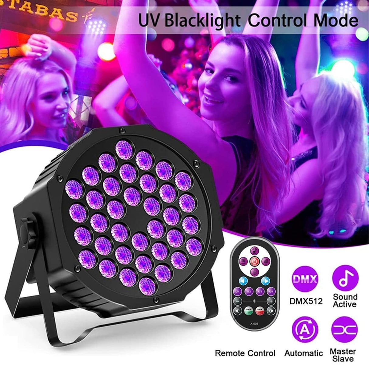 U`King 36LED Black Lights, 72W UV Blacklights Stage Lights with Glow in The Dark Party Supplies by Remote DMX Control for Christmas Blacklight Tapestry Church Birthday Party DJ Bars Nightclubs