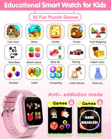 Kids Waterproof Smart Watch Girls Toys Age 6-8, Kids Watch with 32 Games Dual Camera HD TouchScreen Music Habit Tracking Alarm Pedometer Christmas Birthday Gifts Ideas for Girls 3-12 Year Old(Pink)