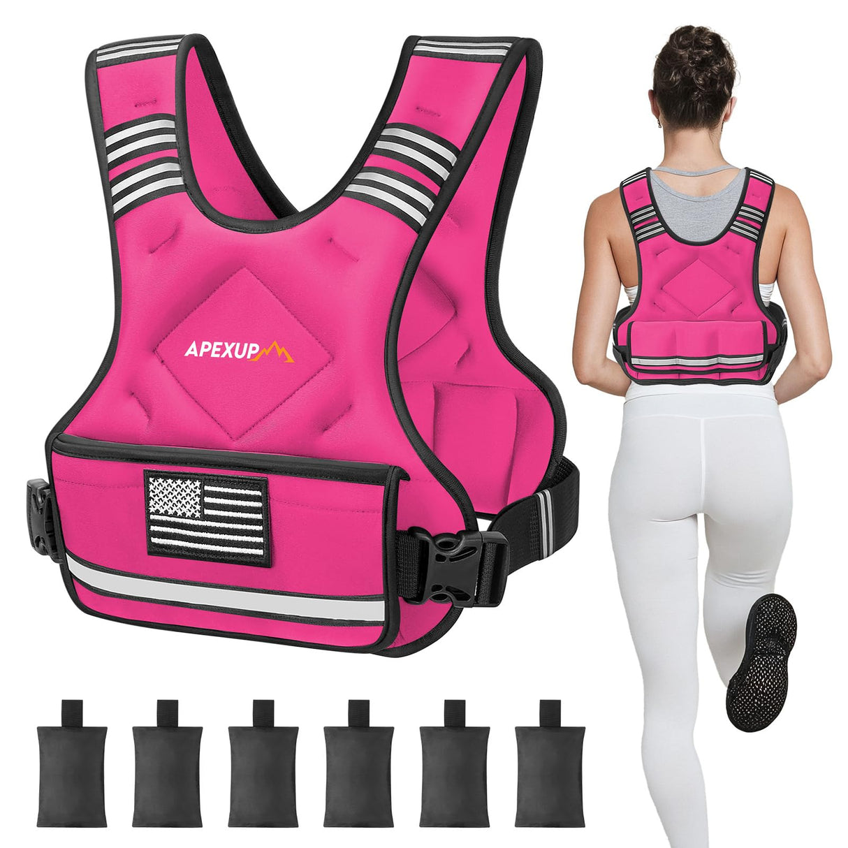 APEXUP Adjustable Weighted Vest, 4-10lb/12-18lb/20-32lb Vest with 6 Ironsand Weights and Large Pocket, Weight Vest for Men Women Strength Training, Running, Walking (12-18lb, Pink)