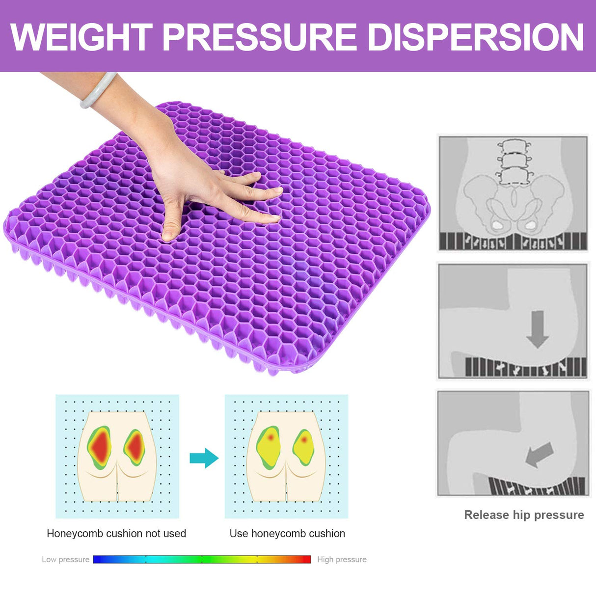 Fzitiy Gel Seat Cushion, for Long Sitting -Double Thick Gel Seat Cushion Breathable Honeycomb Chair Cushion with Non-Slip Cover for Office Chair Car, Wheelchair, Long Trips,Relief Sciatica Pain