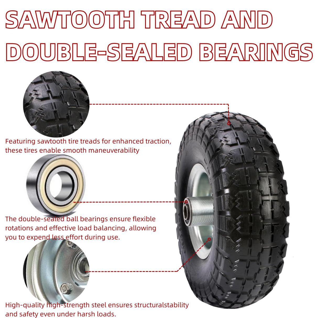 10" Replacement Tire and Wheel 4.10/3.50-4",10 inch Pneumatic Utility Tires for Gorilla Cart, Dolly, Hand Truck, Lawnmower, Garden Wagon with 5/8” Axle Bore Hole - Double Sealed Bearings (2 pack)