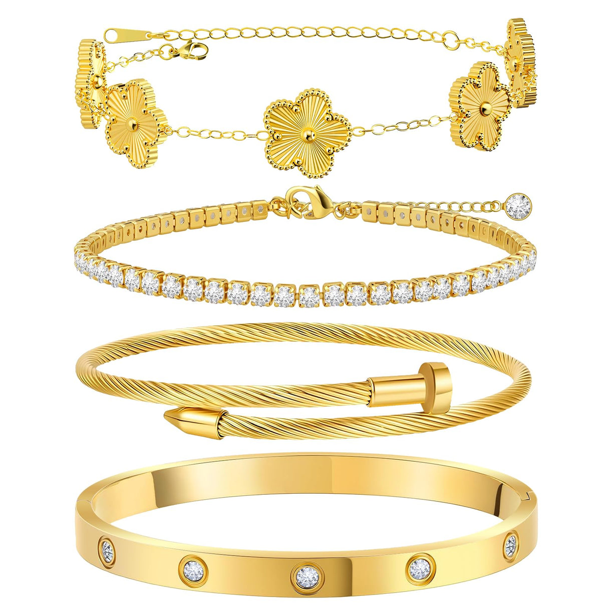 MOINSPIRE 18K Gold Plated Bracelets for Women, Stainless Steel Four Leaf Clover Tennis Nail Love Bangle Bracelets Set, Trendy Stackable Twist Cuff Bracelet Non Tarnish Jewelry Gifts Choice