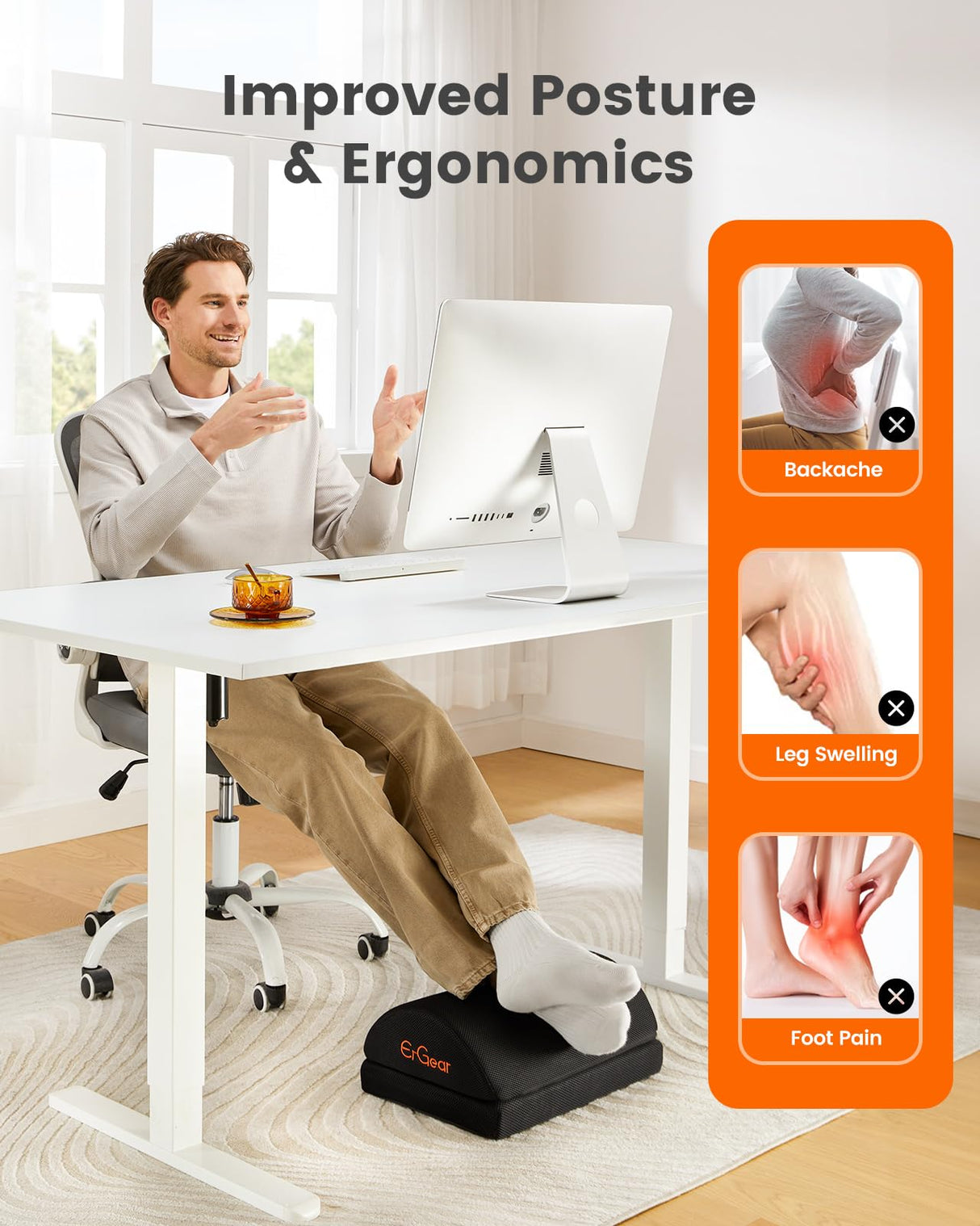 ErGear Foot Rest for Under Desk at Work with 2 Height Options, Under Desk Footrest with Ergonomic Memory Foam, Desk Foot Stool with Washable Cover for Body Pressure Points Balance,at Home, Office
