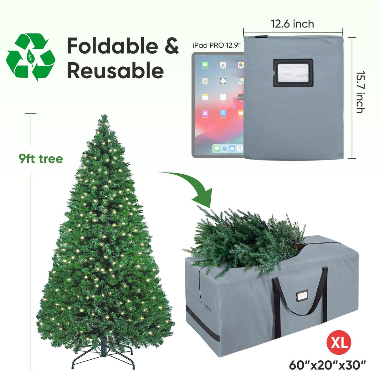 BALEINE 9 ft Christmas Tree Storage Bag, Heavy Duty 900D Oxford Fabric with Reinforced Handles and Dual Zippers Wide Opening, Extra Large Storage Container for Trees and Decorations (Grey)