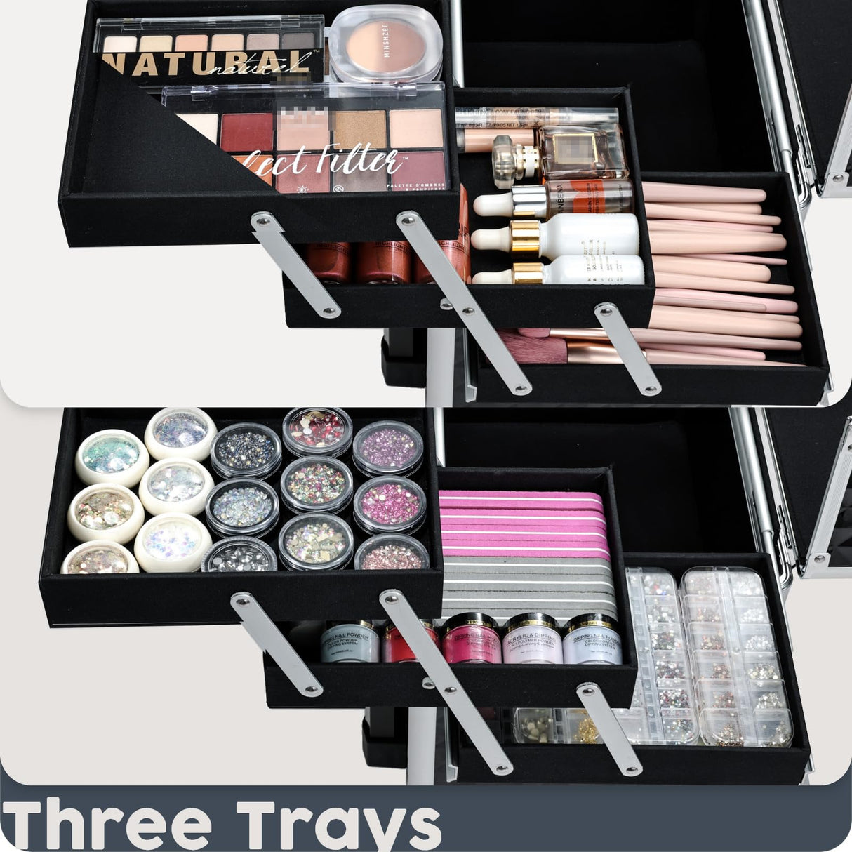 Hododou Rolling Makeup Case Cosmetic Travel Trolley Storage Sliding Drawer 4 Tray Makeup Travel Case with Wheels Salon Barber Case Traveling Cart Trunk for Cosmetologist Nail Tech Hairstylist Black