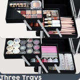 Hododou Rolling Makeup Case Cosmetic Travel Trolley Storage Sliding Drawer 4 Tray Makeup Travel Case with Wheels Salon Barber Case Traveling Cart Trunk for Cosmetologist Nail Tech Hairstylist Black