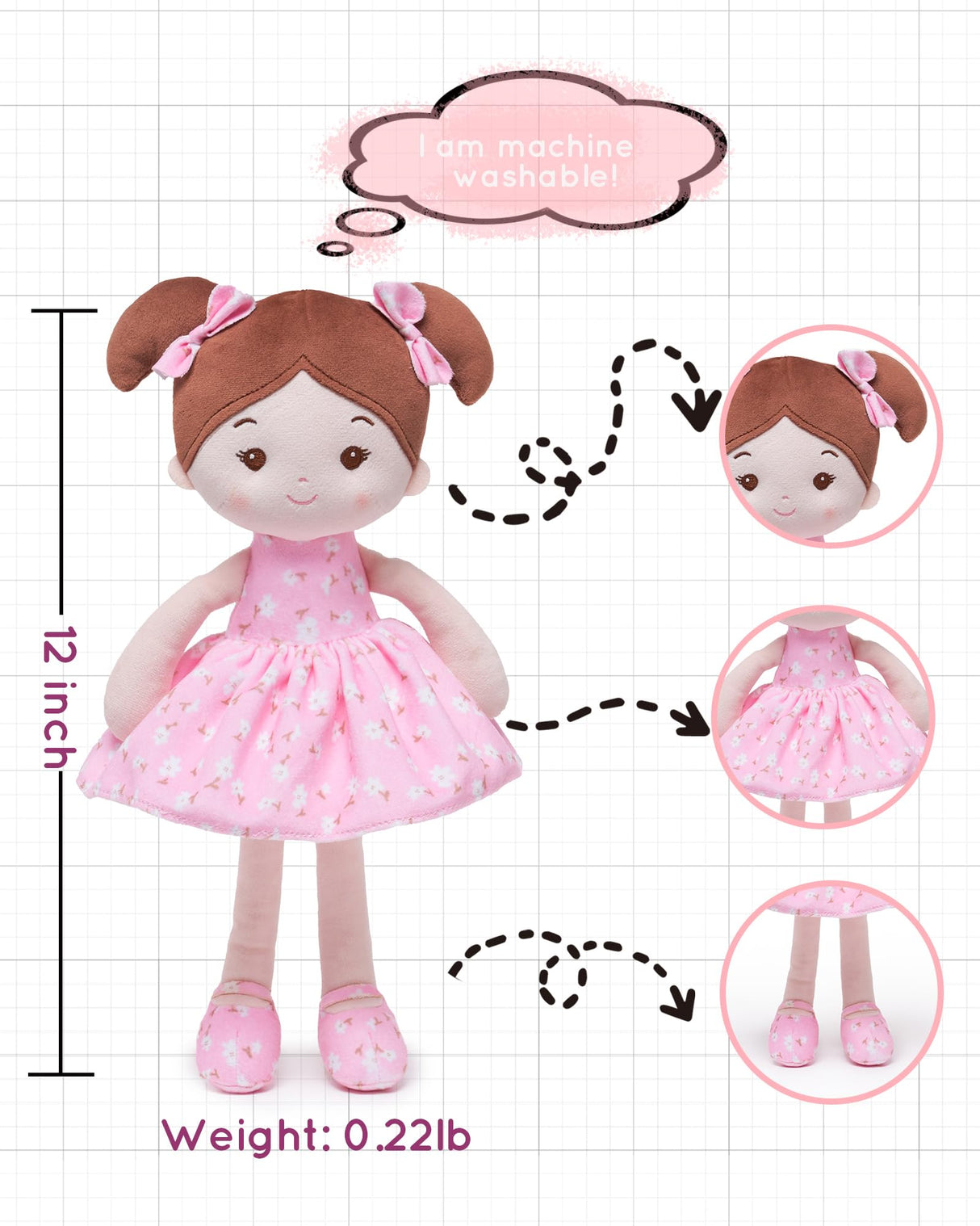 LeyaDoll Soft Baby Doll Toys (12''), My First Baby Rag Doll for 1 Year-Old Girl Birthday Gift, Christmas Plush Toys Gift for Toddler Kids Infants -FloraBelle(Pink)