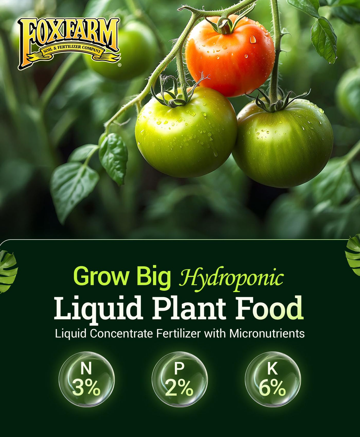 FoxFarm Grow Big Hydroponic Plant Food - 3-2-6 Liquid Plant Fertilizer for Lush Vegetative Growth in Hydroponic Systems - Liquid Concentrate with Earthworm Castings & Micronutrients - 1 Quart