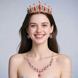 Geurlev Tiaras and Crowns for Women,Tiaras Earrings Necklace, Crystal Bridal Jewelry Set (Gold Red)
