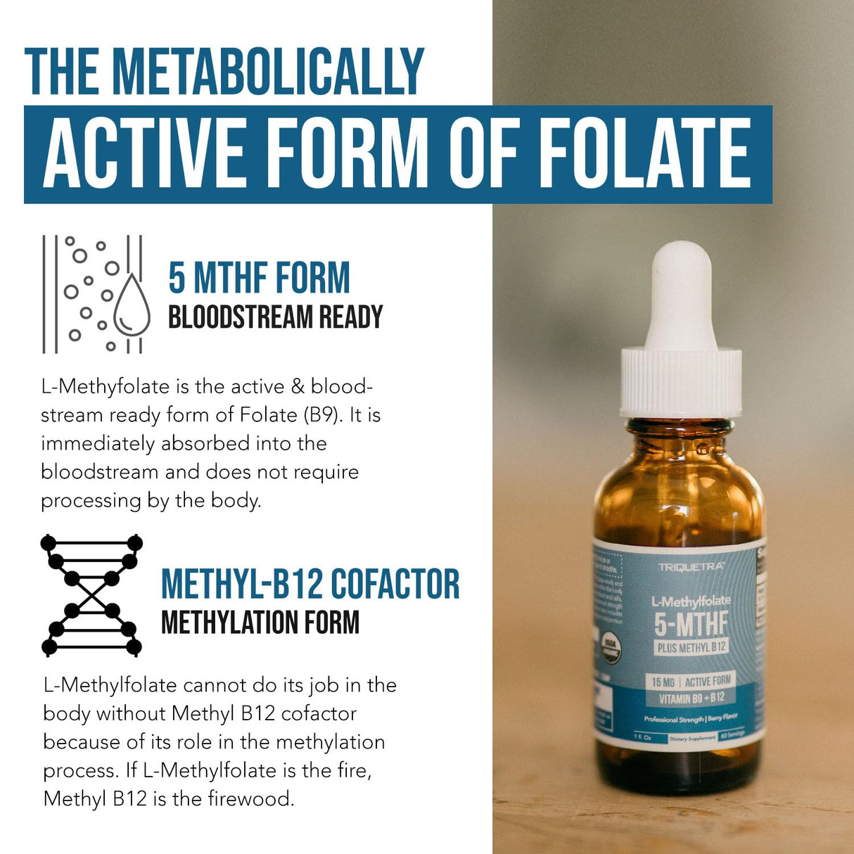 L Methyl Folate 15mg Plus Methyl B12 Cofactor – Organic Berry Flavor, High Potency Liquid Sublingual Active 5-MTHF Form - Supports Mood, Methylation, Cognition – Bioactive Forms Vitamin B9 & B12 (1oz)