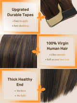 DOORES Hair Extensions Tape in Human Hair Balayage Dark Brown to Chestnut Brown 20pcs 50g 20 Inch Silky Straight Tape in Human Hair Extensions Natural Hair Skin Weft