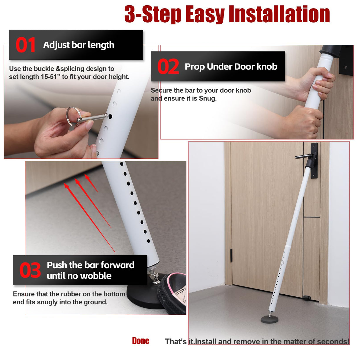 Door Security Bar – 600LB Heavy Duty Anti-Slip Door Stopper Jammer Stick,Adjustable 24.5–50.7'' Lock Blocker for Home,Apartment&Travel,Portable for Hinged Front & Sliding Patio Doors