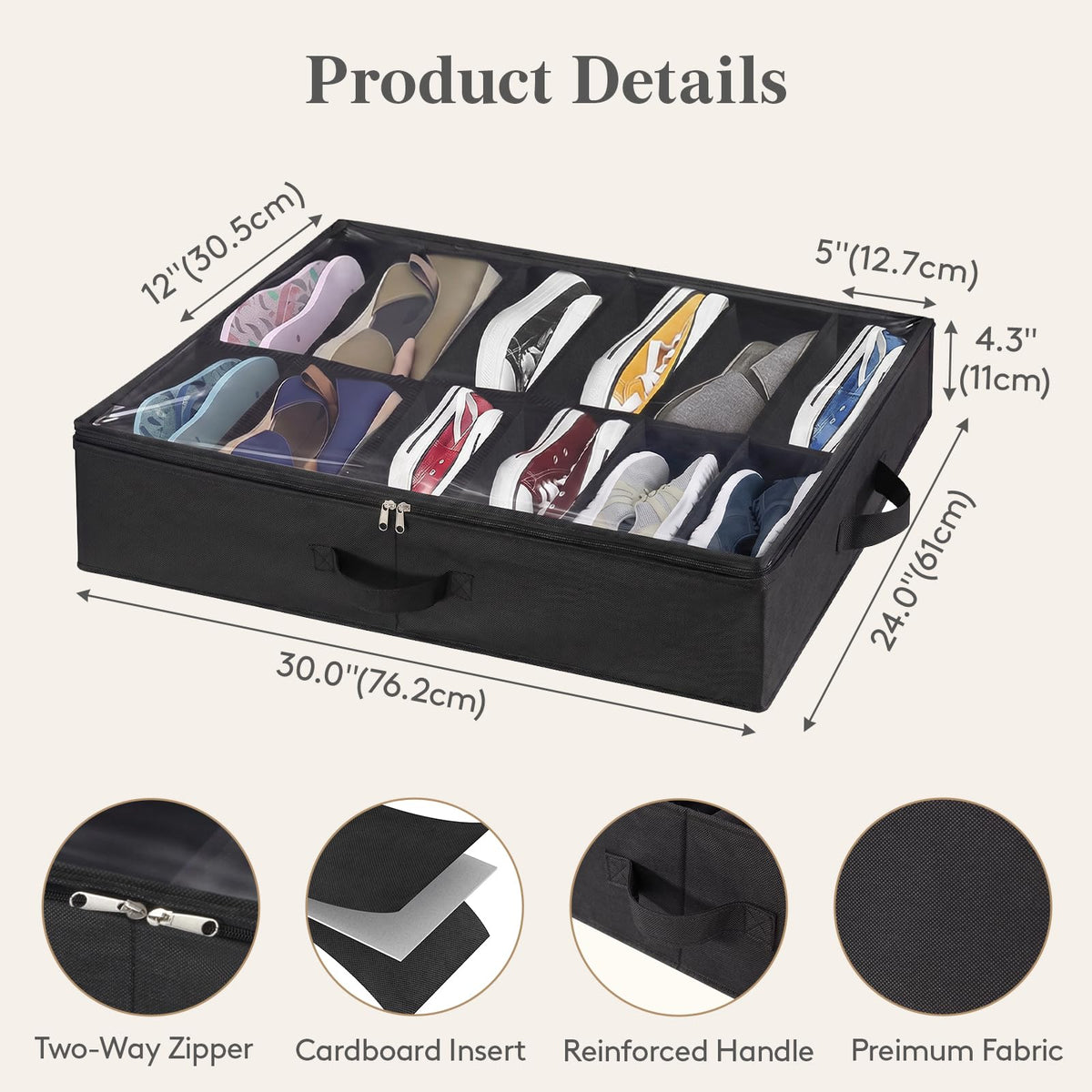 Lifewit Under Bed Shoe Storage Organizer 2 Pack(12 Shoes Cells), 4.3 Inches Profile Fabric Shoes Container Box with Clear Cover, Foldable Storage Bag with 2 Handles, Fits 12 to 24 Pairs
