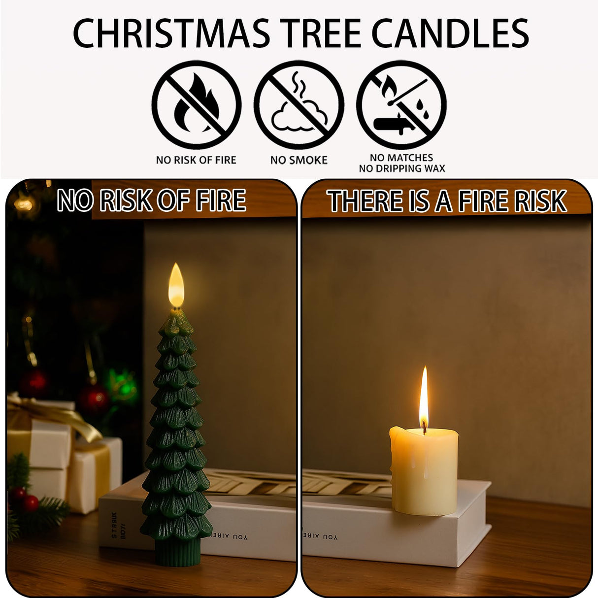Boribim Christmas Decorations Indoor - 4 PCS Christmas Tree Candles with Remote and Timer - Flameless Christmas Taper Candles - Battery Perated Green LED Candlesticks for Christmas Home Decor