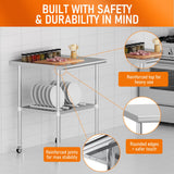 HOCCOT Stainless Steel Table with Wheels 30" x 30" Utility Worktable with Adjustable Undershelf for Commercial Kitchen, Garage, Restaurant