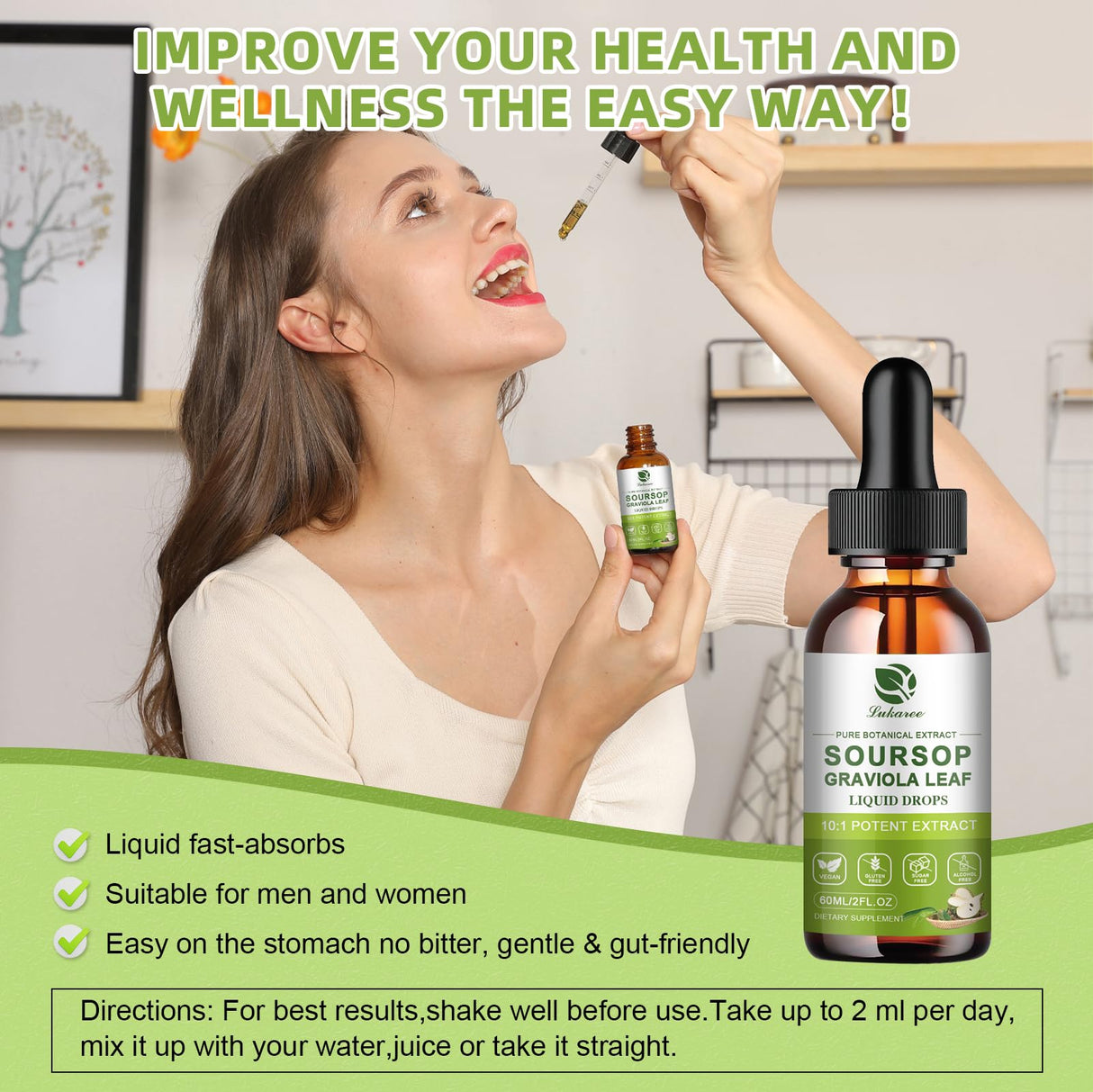 Lukaree 100% Pure Soursop Leaf Extract Drops, 10X Concentrated Graviola Soursop Bitters Liquid for Immune Digestive Energy, Cold-Extracted with High Potency, Alcohol-Free, Vegan & Non-GMO (4 FL.OZ)