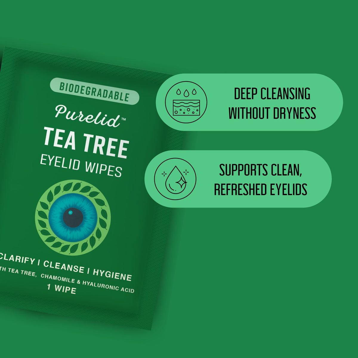 PURELID 100PCs Tea Tree Eyelid Wipes – Cleaning Eye Wipes for People with Dry Eyes & Allergies – Gentle Eyelid Cleanser with Hyaluronic Acid, Chamomile and Aloe – Individually Wrapped & Biodegradable