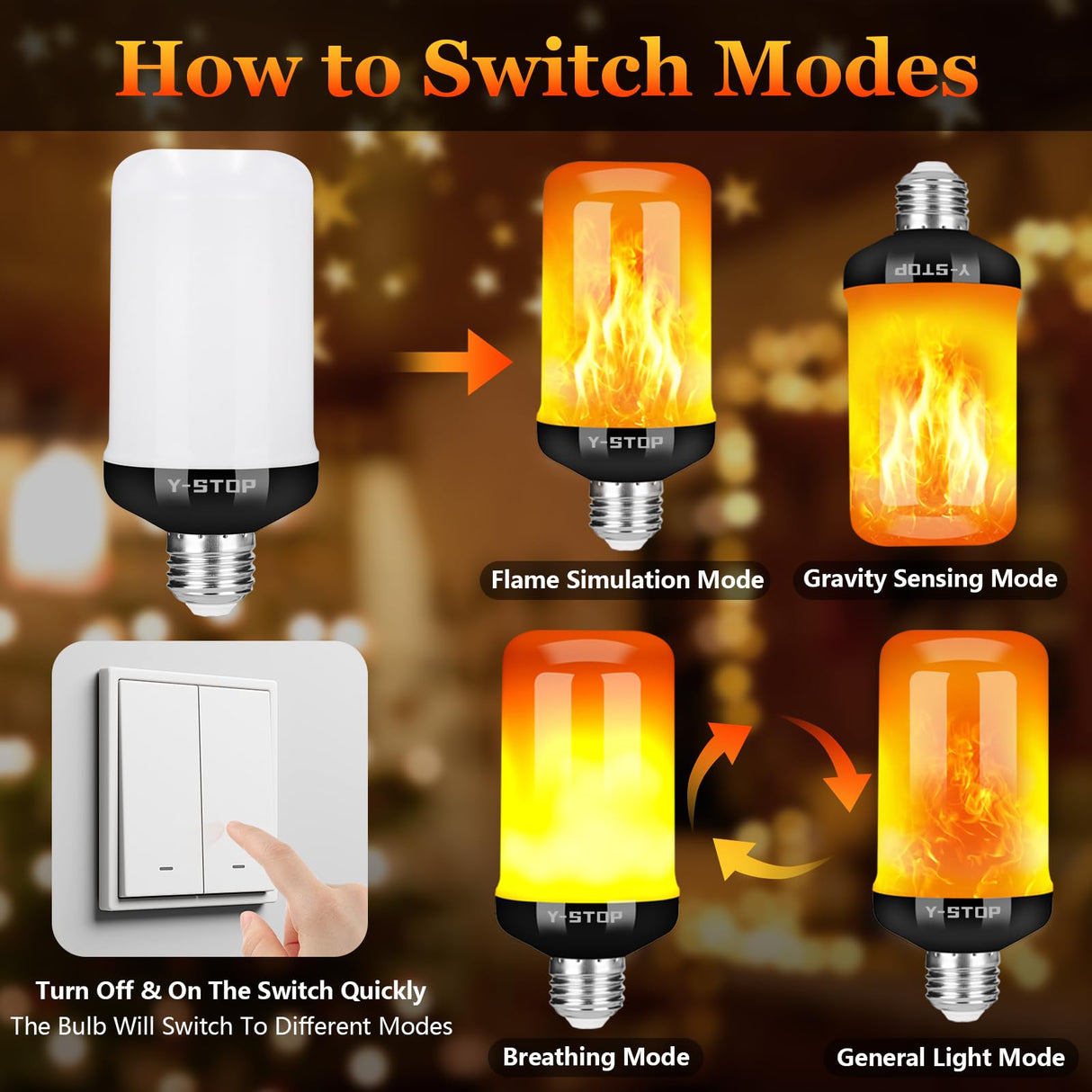 Y-STOP Halloween Decorations Upgraded LED Flame Light Bulbs, 4 Modes Flickering Light Bulb with Upside Down Effect, E26 Base Flame Bulb for Halloween Lights, Christmas Decoration, Party Decor (2 PCS)