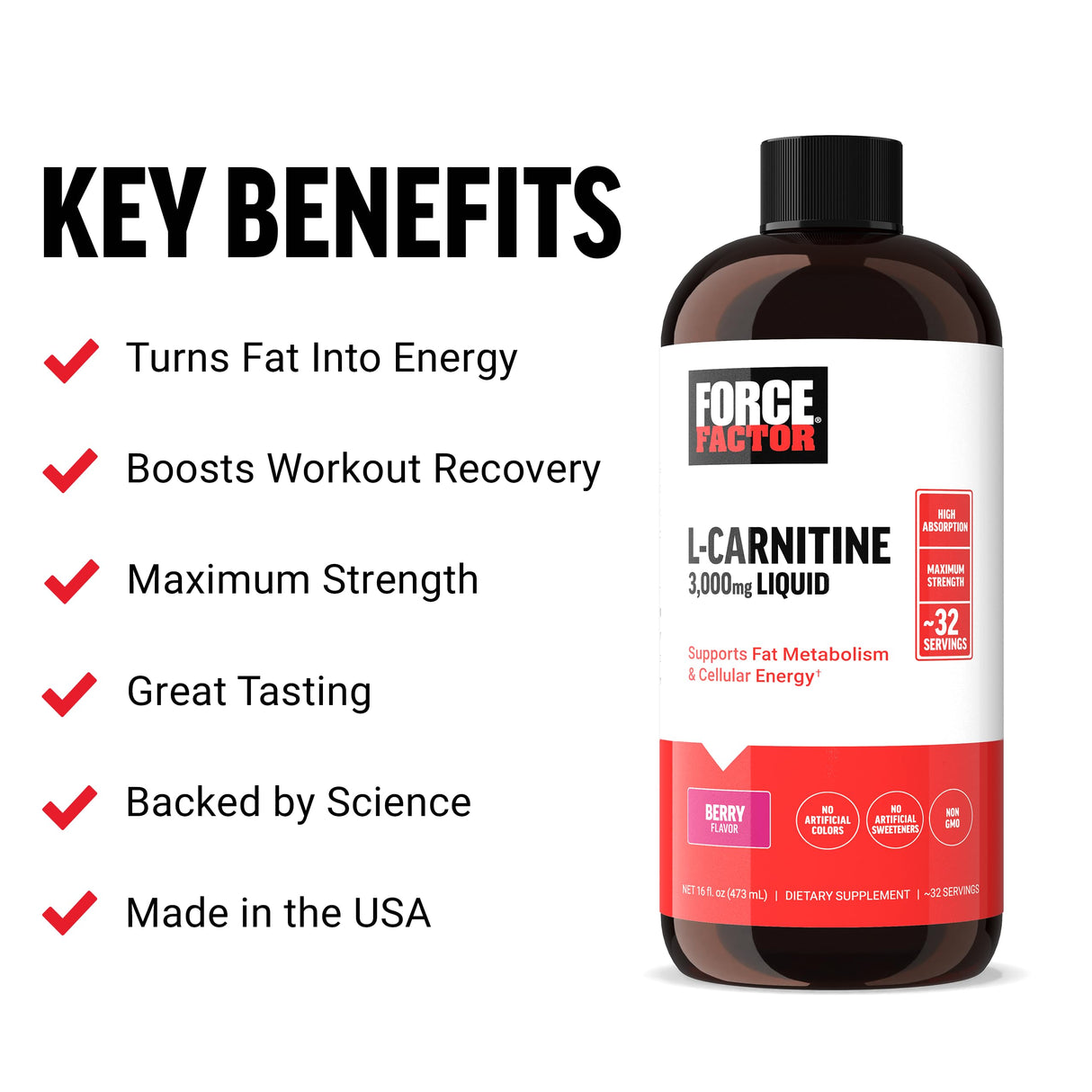 Force Factor L Carnitine Supplement, Liquid L-Carnitine 3000 mg to Help Turn Fat Into Energy, Support Muscle Recovery, and Boost Cellular Energy, Maximum Strength, Non-GMO, Berry Flavor, 16 Oz.