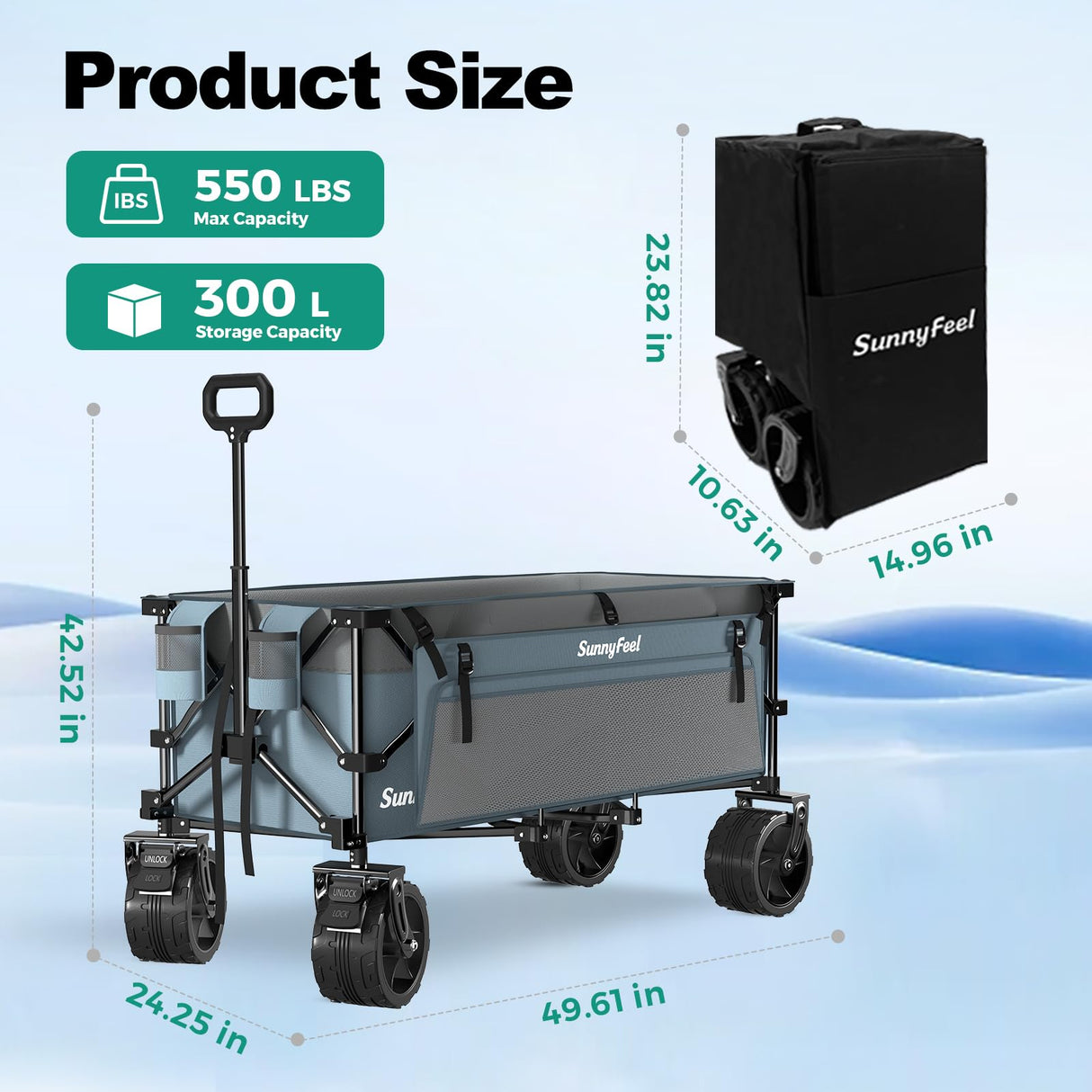 SUNNYFEEL 49" L Foldable Wagon Cart with Big Wheels - 550lbs Heavy Duty Extra Long Collapsible Shopping Cart - Utility Grocery Wagon for Garden Sports Camping Outdoor Activities (Blue)
