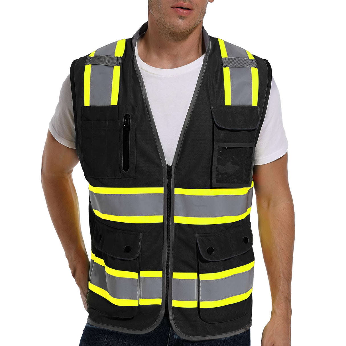 ArcRidge Reflective Safety Vest for Men and Women - High Visibility Construction Vest - Dual Tone Reflective Strips (Black, Large)