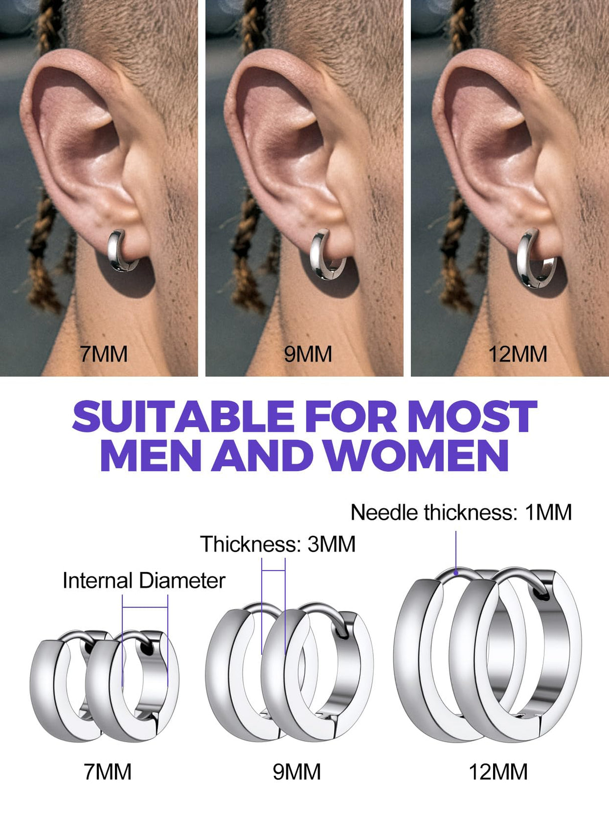 Richsteel 3 Pairs Mens Hoop Earrings Sets, Hypoallergenic Stainless Steel