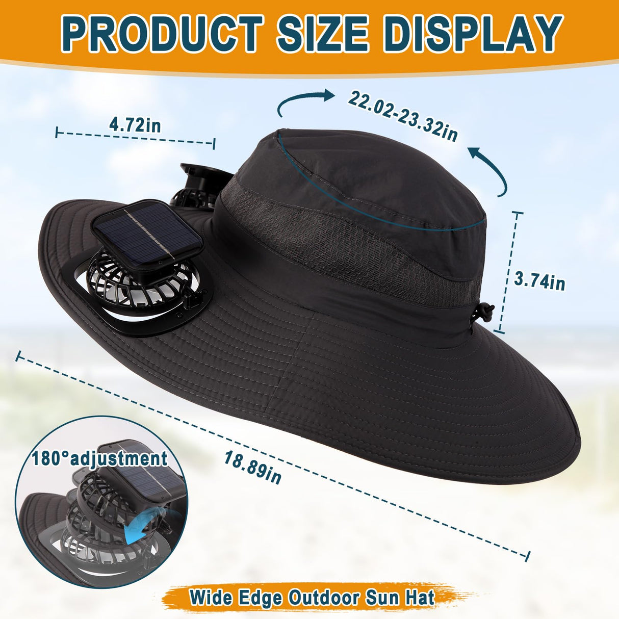 Solar Fan Hat for Men & Women, Wide Edge Outdoor Sun Hat with 2 Built-in Fans, UPF 50+ Waterproof Outdoor Hiking Camping Fishing Hat, 3 Speed Adjustable Fan Hat (Khaki)