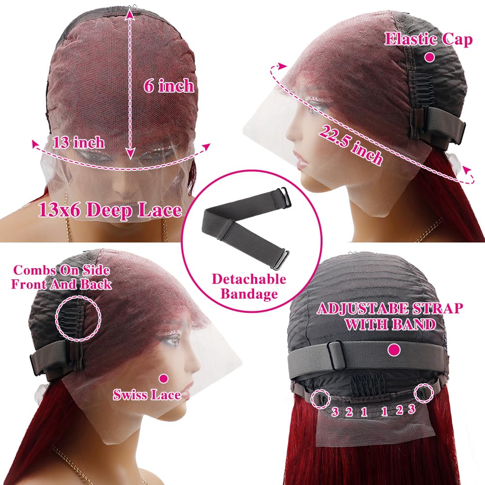 30 Inch 99j Burgundy 13x6 HD Lace Front Wigs Human Hair 250% Density Straight Burgundy Wig Human Hair Wigs for Black Women Glueless Wigs Human Hair Pre Plucked Pre Cut Frontal Wigs With Baby Hair