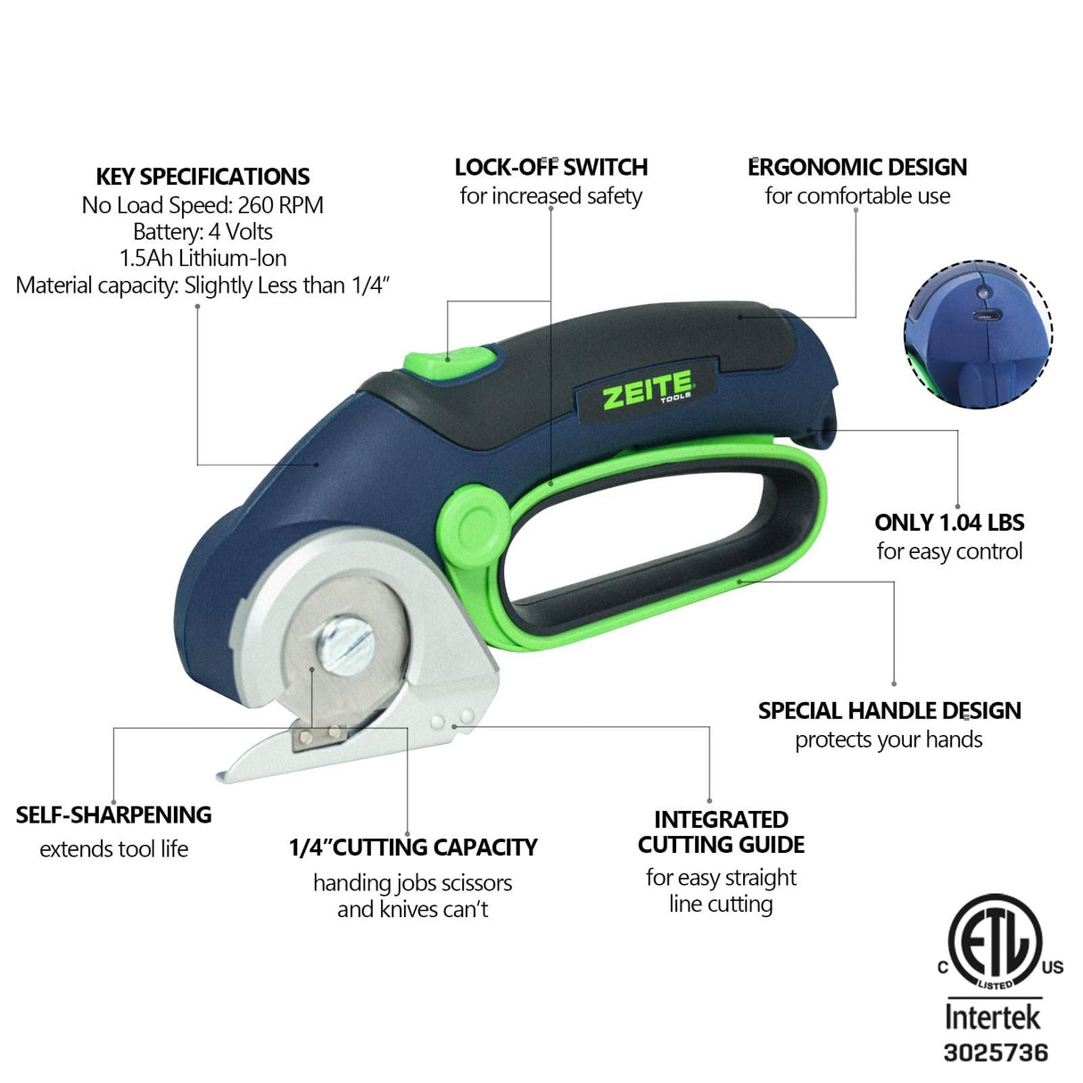 ZEITE 4V Cordless Electric Scissors,Cardboard Cutter with 2 Blades,Storage Box,USB Charging Cable,Power Rotary Cutter,Max Cutting 1/4",for Cardboard Box,Thin Carpet & Plastic, Easy to Hold and Safe