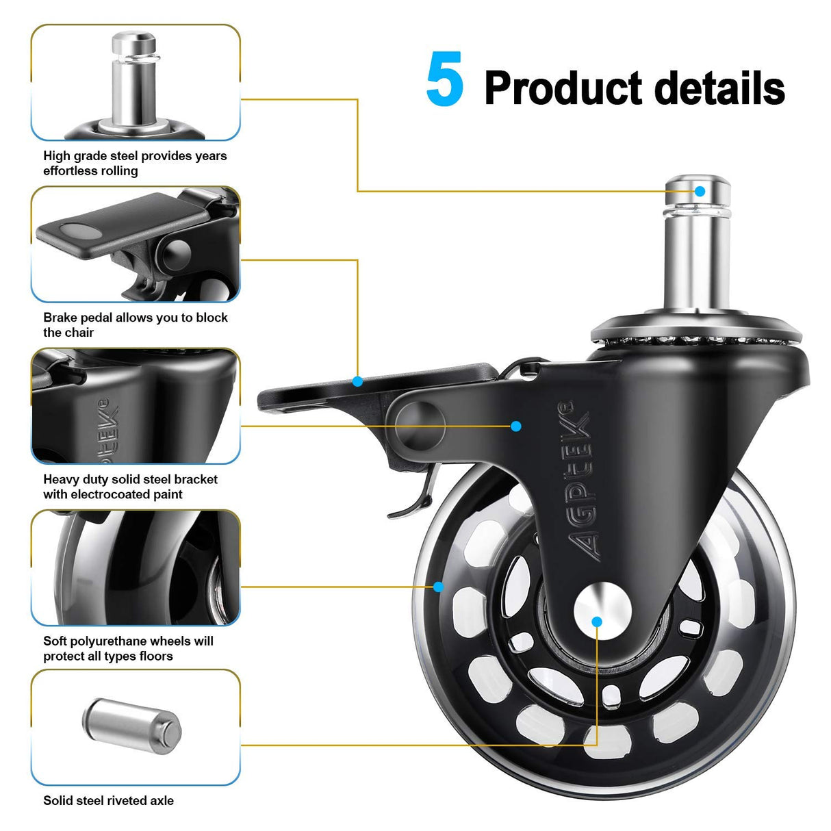 AGPtEK Office Chair Casters with Brake Heavy Duty 2.5" Universal Fit Locking Casters with Screwdriver, Safe Roller Wheel Replacement All with Brake System for Hardwood Floors Mat Carpet Tile, Set of 5