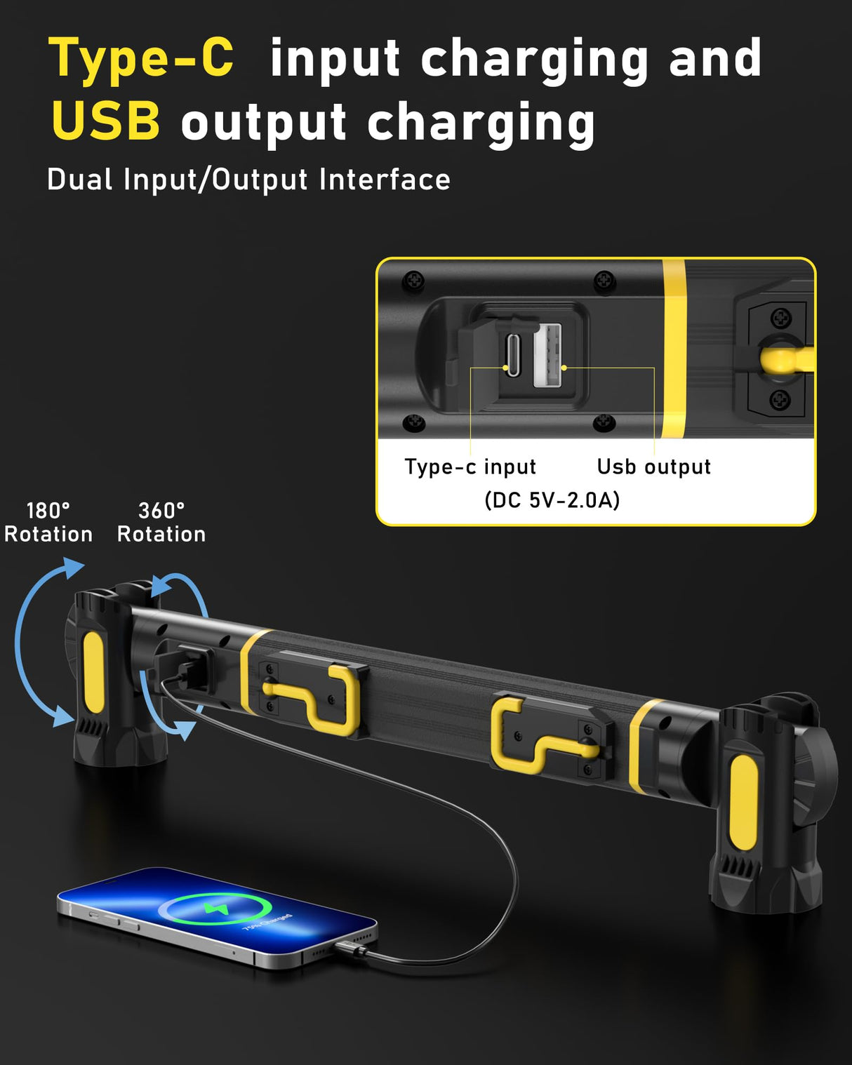Magnetic Work Light, 5200mAh Rechargeable LED Work Light Bar, 3000 Lumens Bright Under-Hood Mechanic Light for Car Repairing/Inspection/Garage/Workshop/Emergency (1 Pack, Black-Yellow)