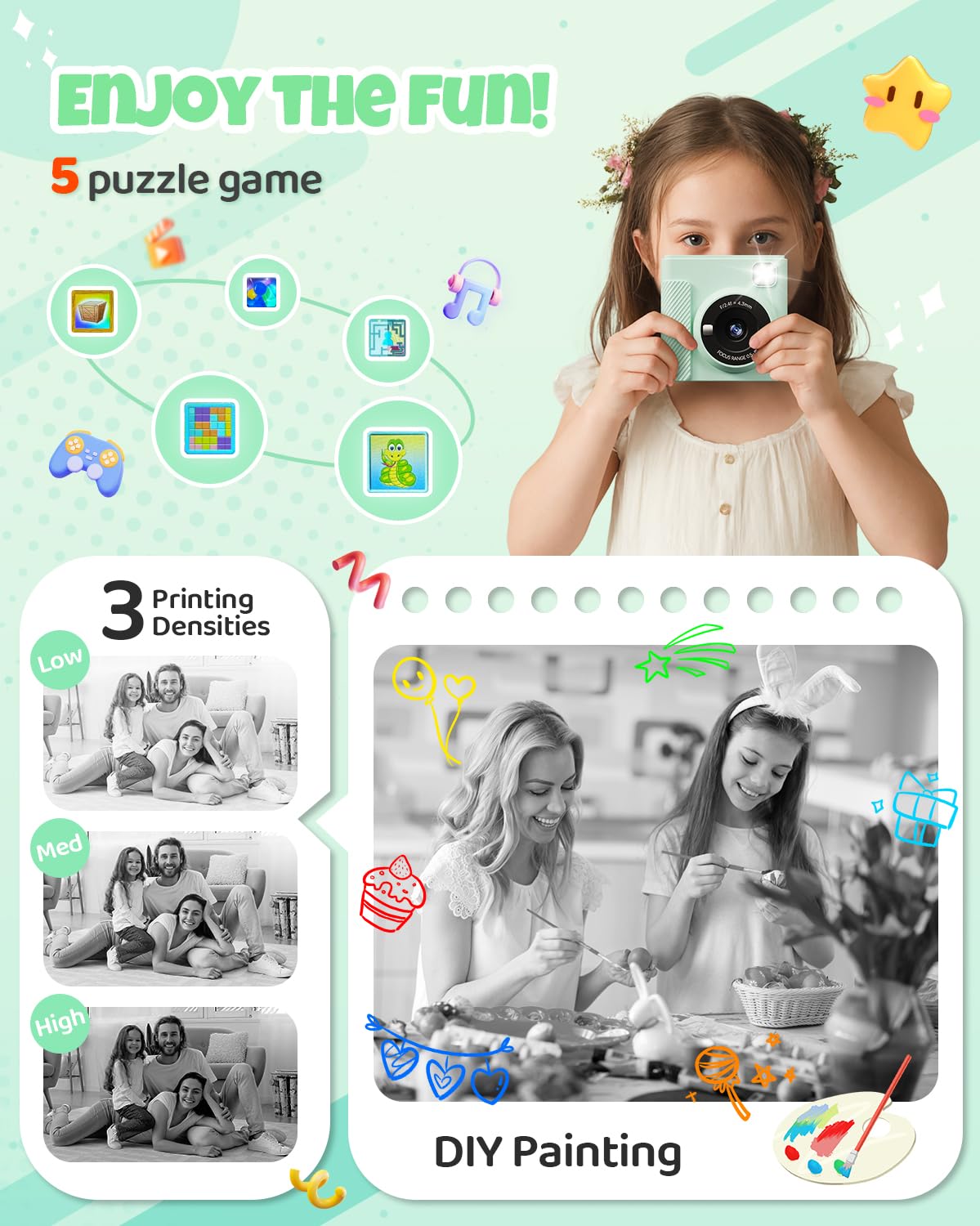 TIATUA Kids Instant Print Camera, Christmas Birthday Gifts for Girls and Boys, 1080P HD Video Digital Kids Camera with Print Paper & 32G Card, Toddler Toy for 3-14 Years Old (Green)